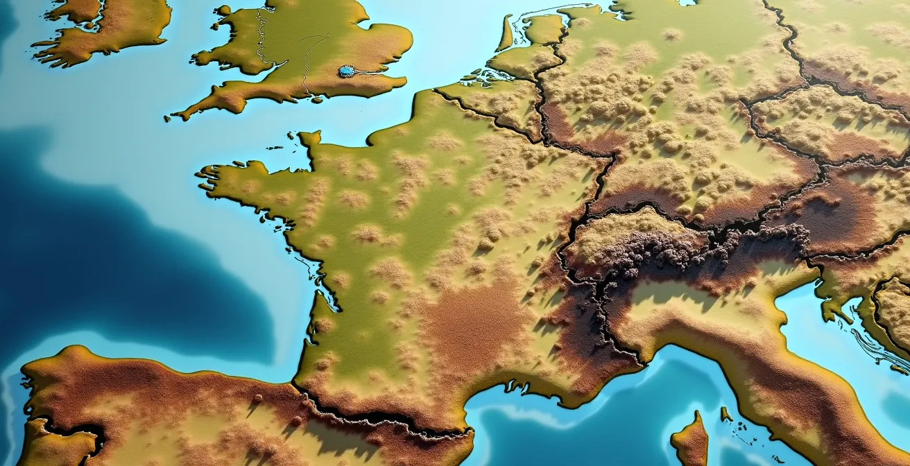 Photographie aérienne en légère profondeur de champ d'une carte de France avec zones urbaines et rurales contrastées, lumière naturelle douce, texture détaillée des reliefs