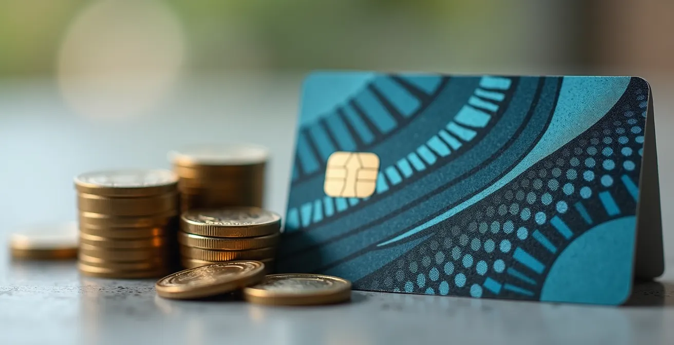 Photographie conceptuelle d’une pile de pièces de monnaie avec carte bancaire au design abstrait, lumière naturelle douce avec focus léger sur texture métallique et plastifiée