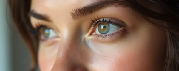 Photographie réaliste d'un visage féminin avec un regard jeune et reposé, mettant en valeur la paupière supérieure et inférieure saine, éclairage cinématographique doux, profondeur de champ faible, textures naturelles de la peau.
