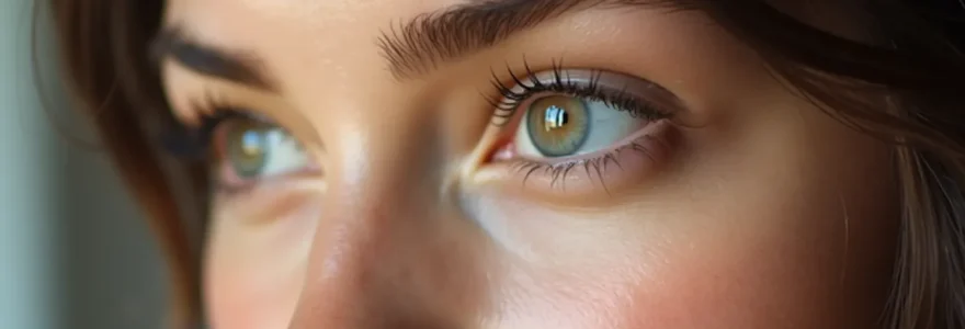 Photographie réaliste d'un visage féminin avec un regard jeune et reposé, mettant en valeur la paupière supérieure et inférieure saine, éclairage cinématographique doux, profondeur de champ faible, textures naturelles de la peau.