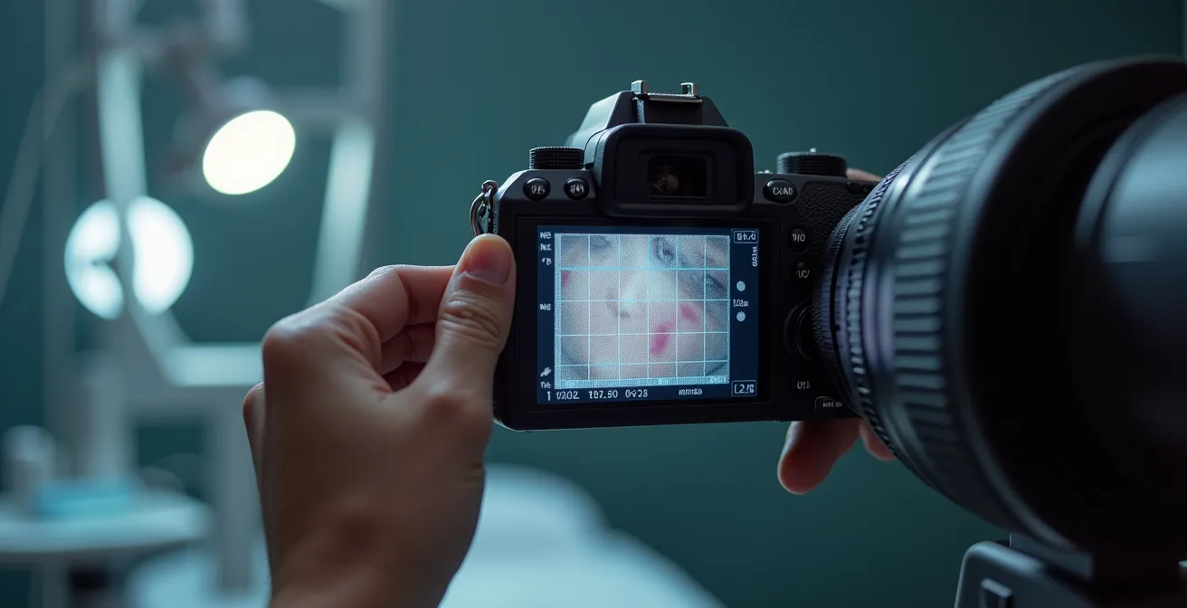 Main tenant un appareil photo professionnel avec dispositif d'éclairage médical standardisé